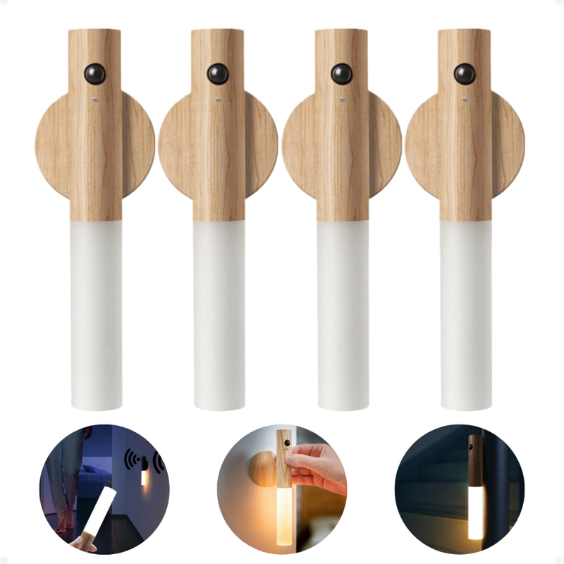 Kit 04 Luminárias Magnéticas Sensor Movimento Bastão Madeira
