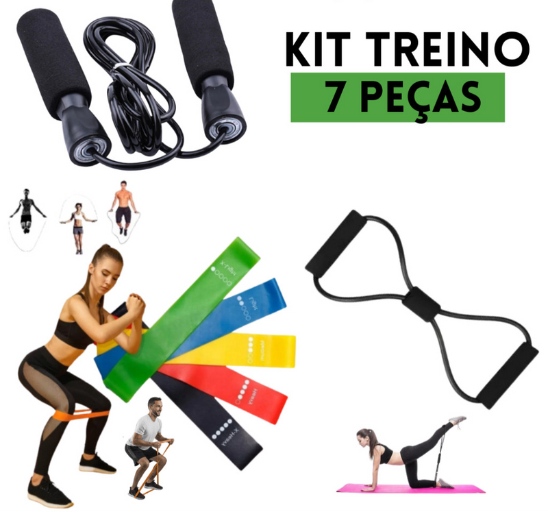 Kit Treino em Casa Fitness Cross Fit Elástico de Treino + Corda Fit + 5 Faixas Mini Band