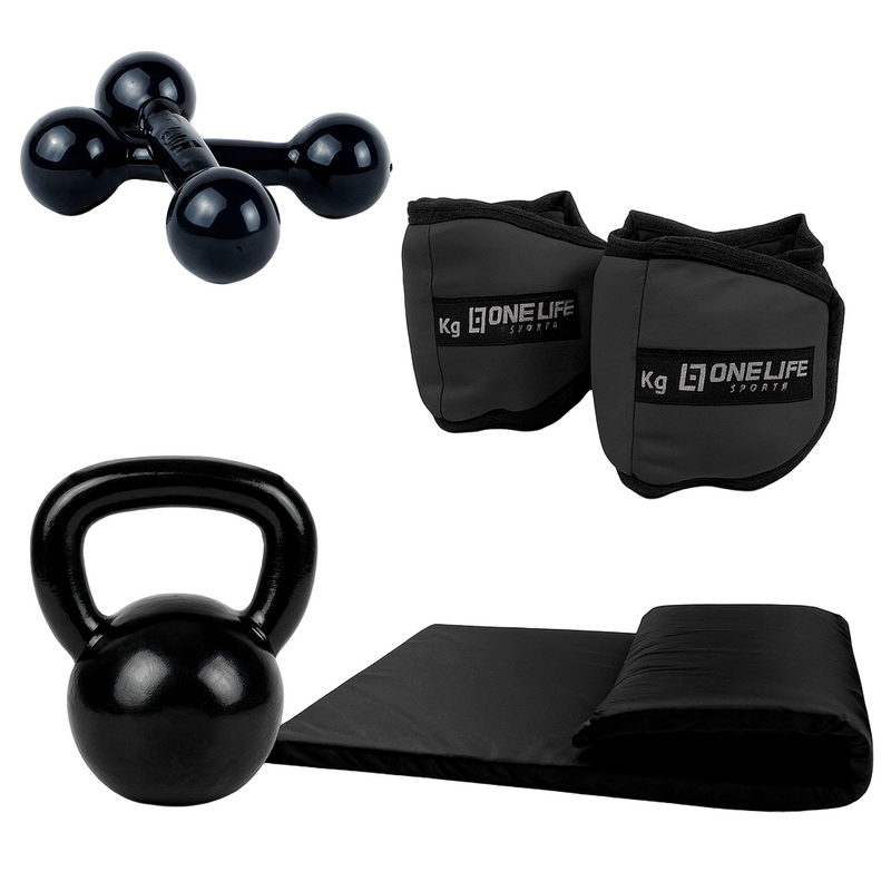 Kit Cross Funcional Em Casa Caneleira 2 Kg + Colchonete + Halter 2 + Kettlebell emborrachado 4 kg